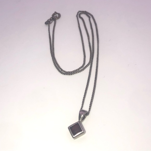 VTG Sterling & Garnet Diamond Shaped Pendant w 925 Chain 16” & .6” - Picture 2 of 8